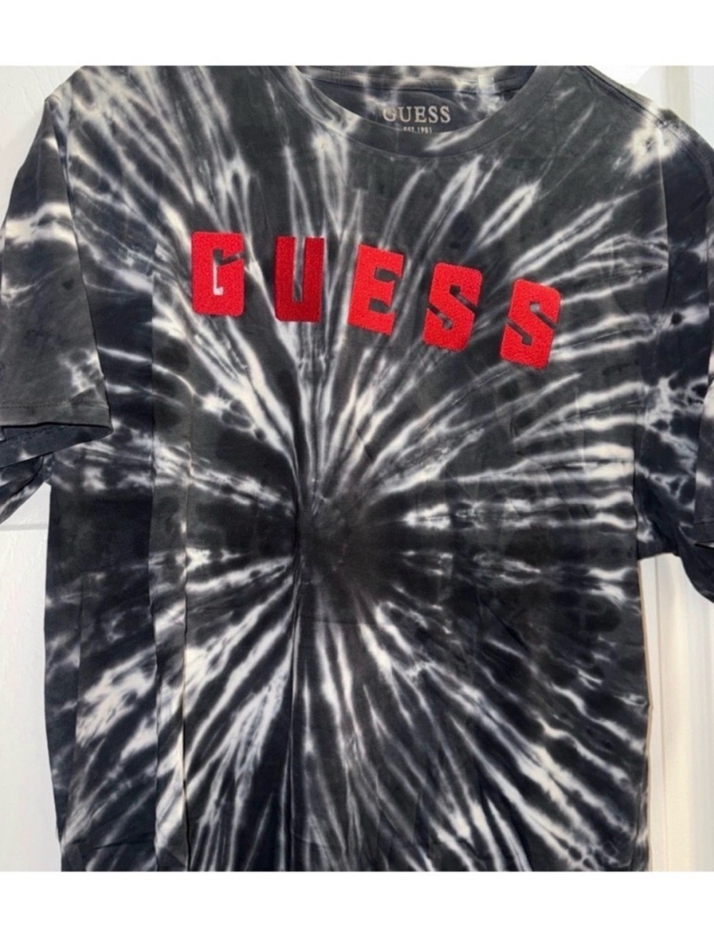 GUESS Black & White Tie-Dye Tee with Red Logo